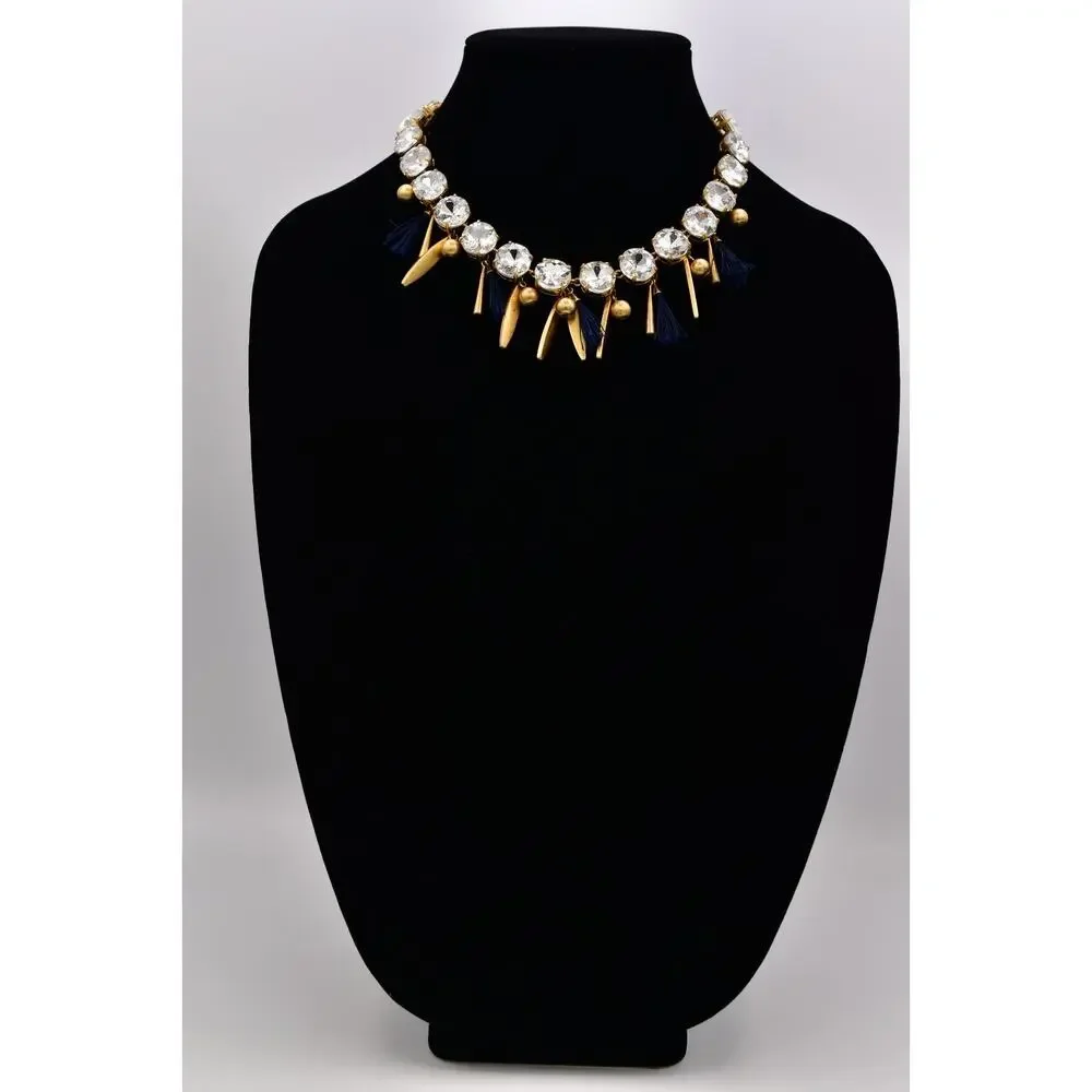 Ann Taylor Vintage Crystal Collar Necklace Dangle Navy Brushed Gold Chunky BinBL